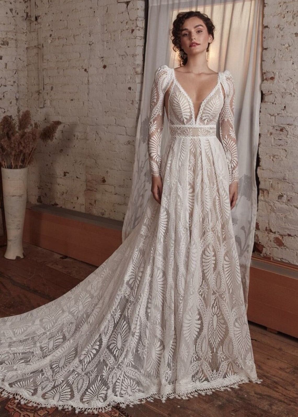 Boho Wedding Dress Detachable Sleeves Wedding Dress Long Etsy
