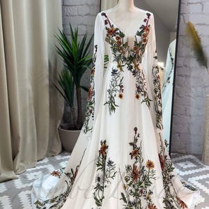 Embroidered Colorful Wedding Dress Cape Sleeve Floral Bridal Dress Long Sleeve Hippie Dress Wedding Wildflower Rustic Wedding Gown A Line