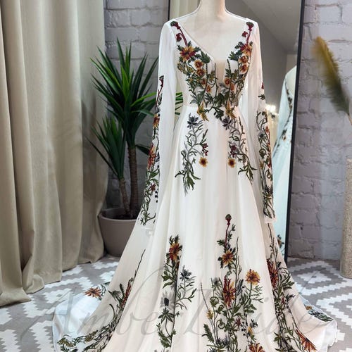 Rust Floral Wedding Dress with Long Bell Sleeves, Boho Wildflower Embroidery Bridal Gown, Burnt Orange Autumn Wedding Dress