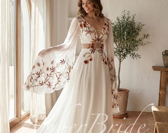 Bohemian Rust Floral Embroidered Wedding Dress with Wing Sleeves