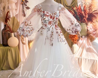 Autumn Floral Embroidered Wedding Dress with Sheer Puff Sleeves and Tulle Train