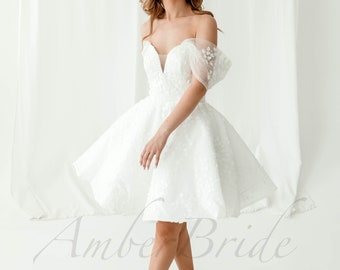 Short Wedding Dress with 3D Leaf Appliques, Off Shoulder Puff Sleeves and Corset