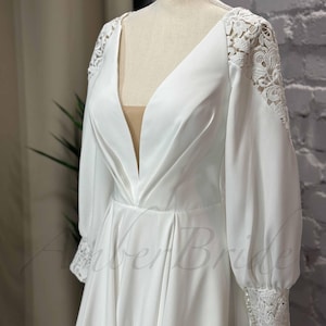 Simple Satin Wedding Dress A Line Bishop Sleeve Wedding Dress Long Train Deep V Dress Wedding Backless Long Sleeve Bridal Dress Elegant Gown