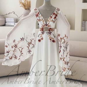 Terracotta Floral Wedding Dress with Wide Cape Sleeves Boho Rust Embroidery Bridal Gown Chiffon V-Neck Dress for Autumn Wedding Desert Bride image 11