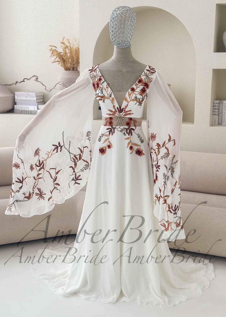 Terracotta Floral Wedding Dress with Wide Cape Sleeves Boho Rust Embroidery Bridal Gown Chiffon V-Neck Dress for Autumn Wedding Desert Bride image 11