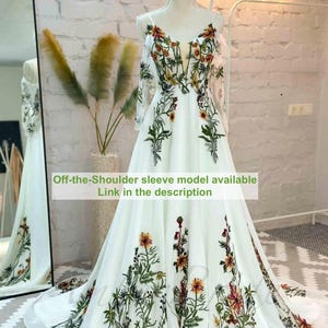 Rust Floral Wedding Dress with Long Bell Sleeves, Boho Wildflower Embroidery Bridal Gown, Burnt Orange Autumn Wedding Dress image 10