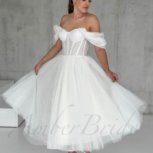 Tea Length Wedding Dress Tulle off the Shoulder Dress Midi Wedding Dress  Short Wedding Dress Tea Length Dress Lace-up Dress Mid-length Dress - Etsy