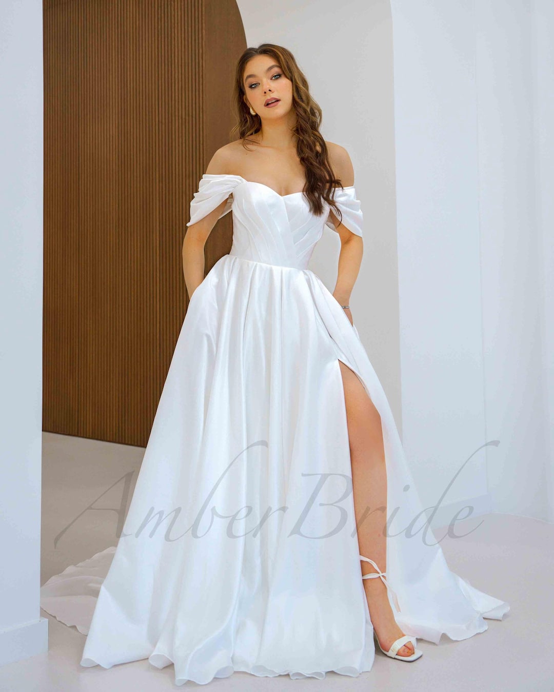 Off Shoulder Satin Wedding Dress A Line Simple Dress Wedding Elegant ...