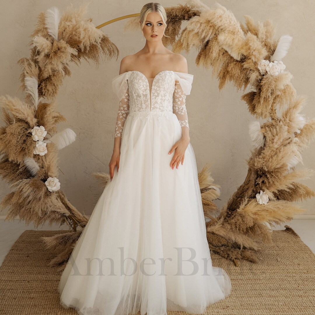 Boho Long Sleeve Wedding Dress, A-line Tulle Wedding Dress, Bohemian ...