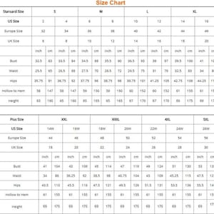 May include: A detailed size chart for clothing, displaying measurements in inches and centimeters. Includes standard and plus sizes, with bust, waist, hips, and height measurements. The chart is designed to help customers find the right fit.