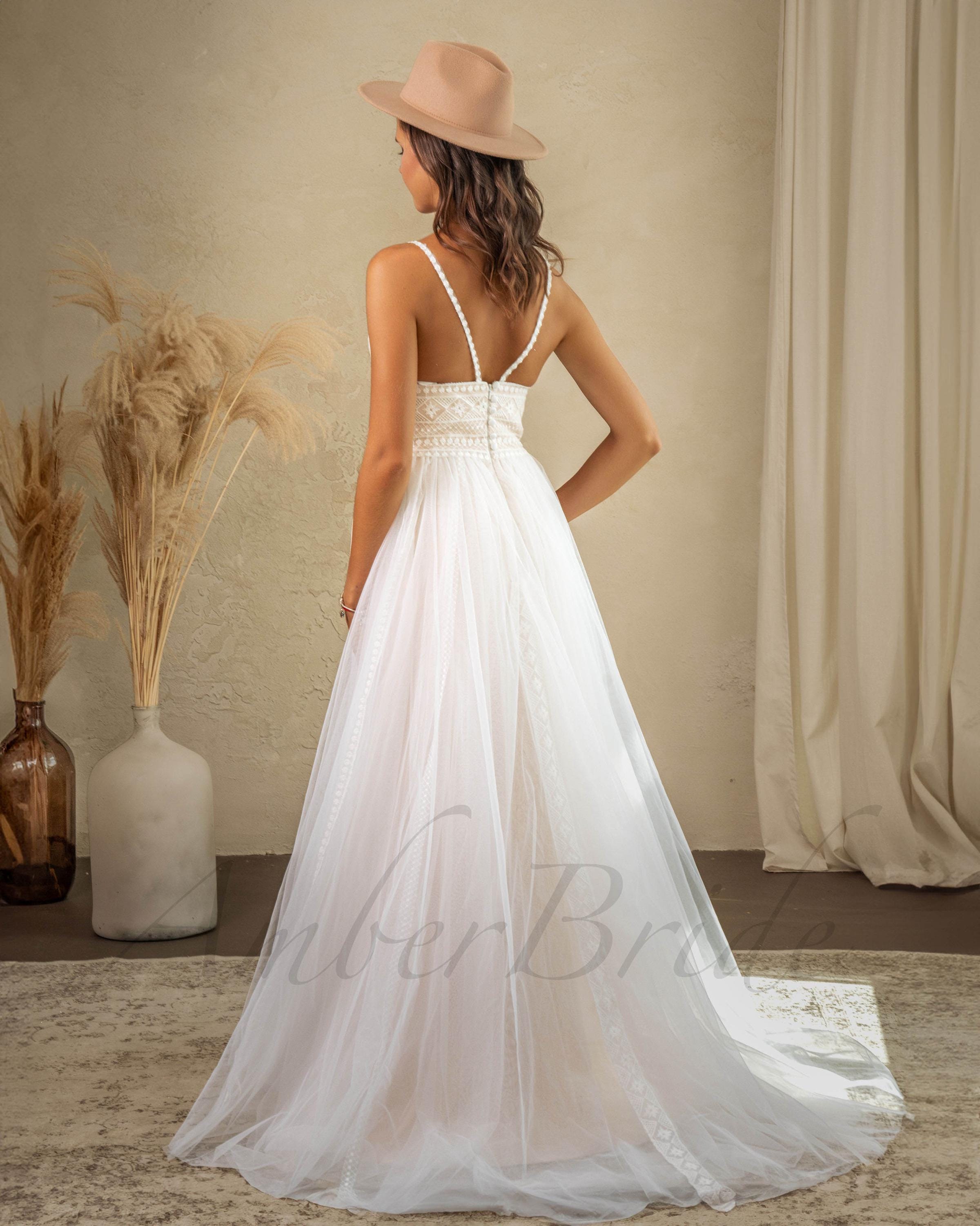 princess polly baby blue dress Simple Spaghetti Straps Mermaid V-Neck Satin Boho Beach Wedding  Dresses,MW310 main image 1