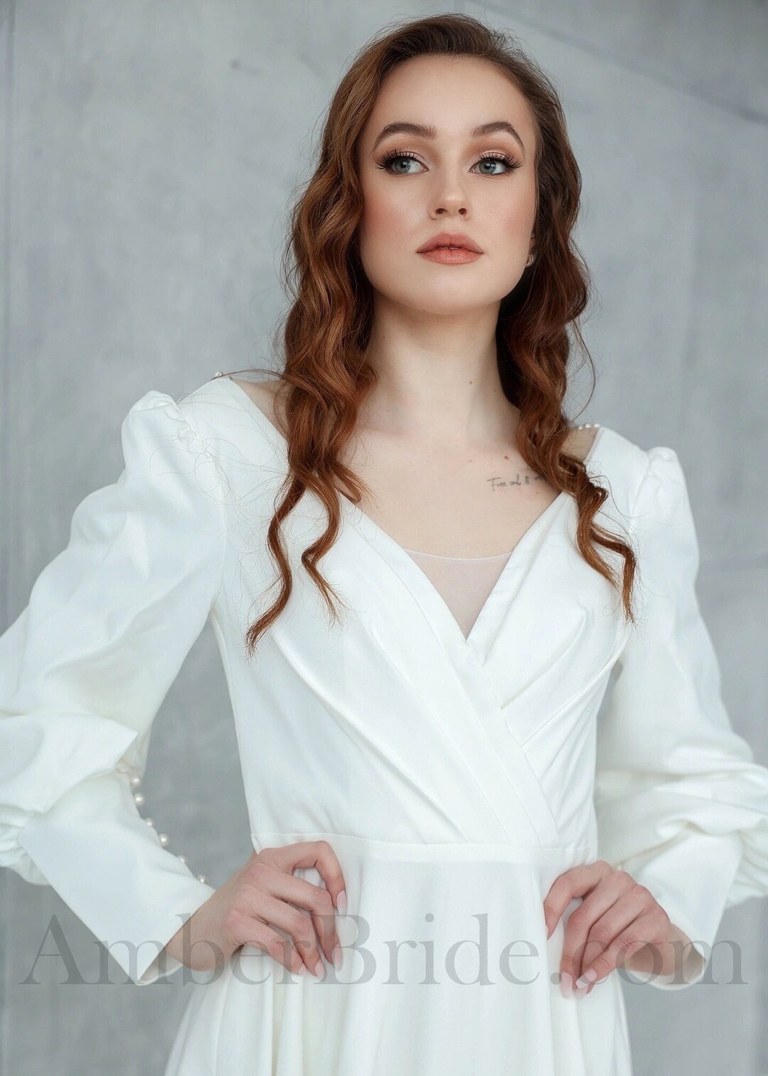 Bishop Sleeve Wedding Dress Couture Wedding Dress A Line Satin