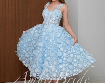 Light Blue 3D Floral Tea Length Dress with Sheer Corset Bodice