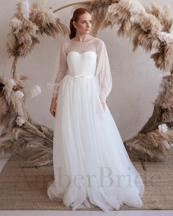 navy blue dress for baby girl A-line Tulle Wedding Dress, Sheer Sleeve Wedding Dress, Bishop Sleeve  Wedding Dress, Elegant Wedding Dress, Bohemian Wedding Dress