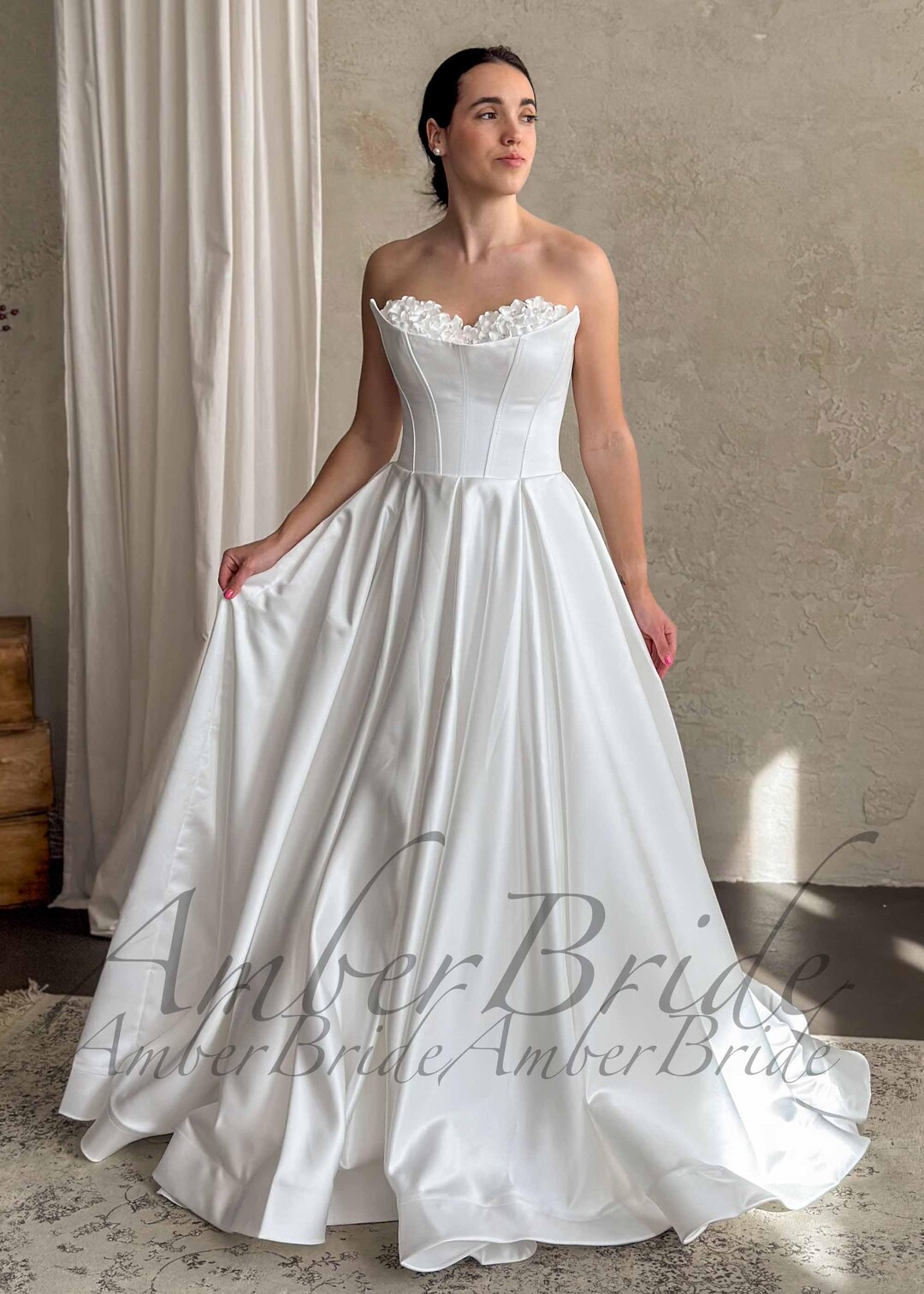 Princess A Line Strapless Satin Tulle Long Prom Dress,Wedding Dress,Evening Dress C6041