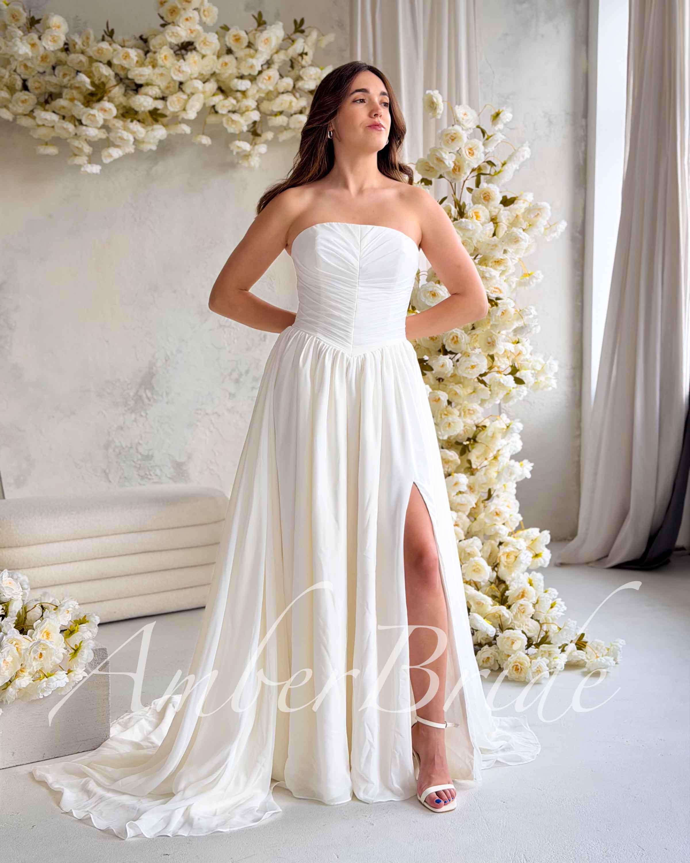 chiffon wedding dress with strapless ruched bodice Strapless Chiffon Bridal Gown, Ruched Bodice Wedding Dress with Slit, Minimalist Modern Bride