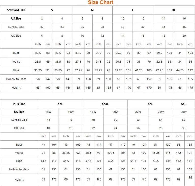May include: Size chart for clothing with measurements in inches and centimeters. The chart includes standard sizes from S to XL and plus sizes from 14W to 26W. Measurements are provided for bust, waist, hips, hollow to hem, and height.