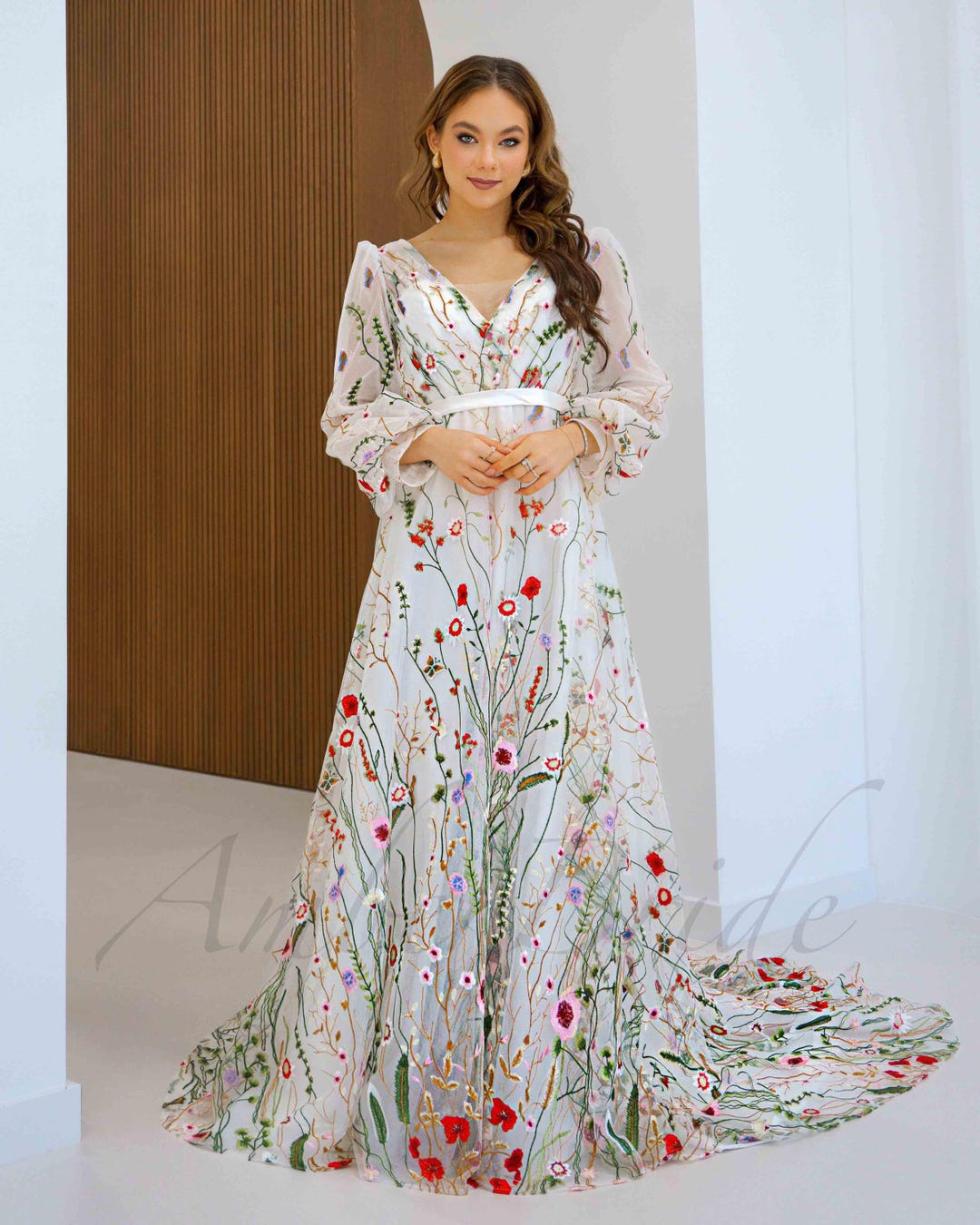 Floral Colorful Wedding Dress Long Sleeve A Line Dress Wedding ...
