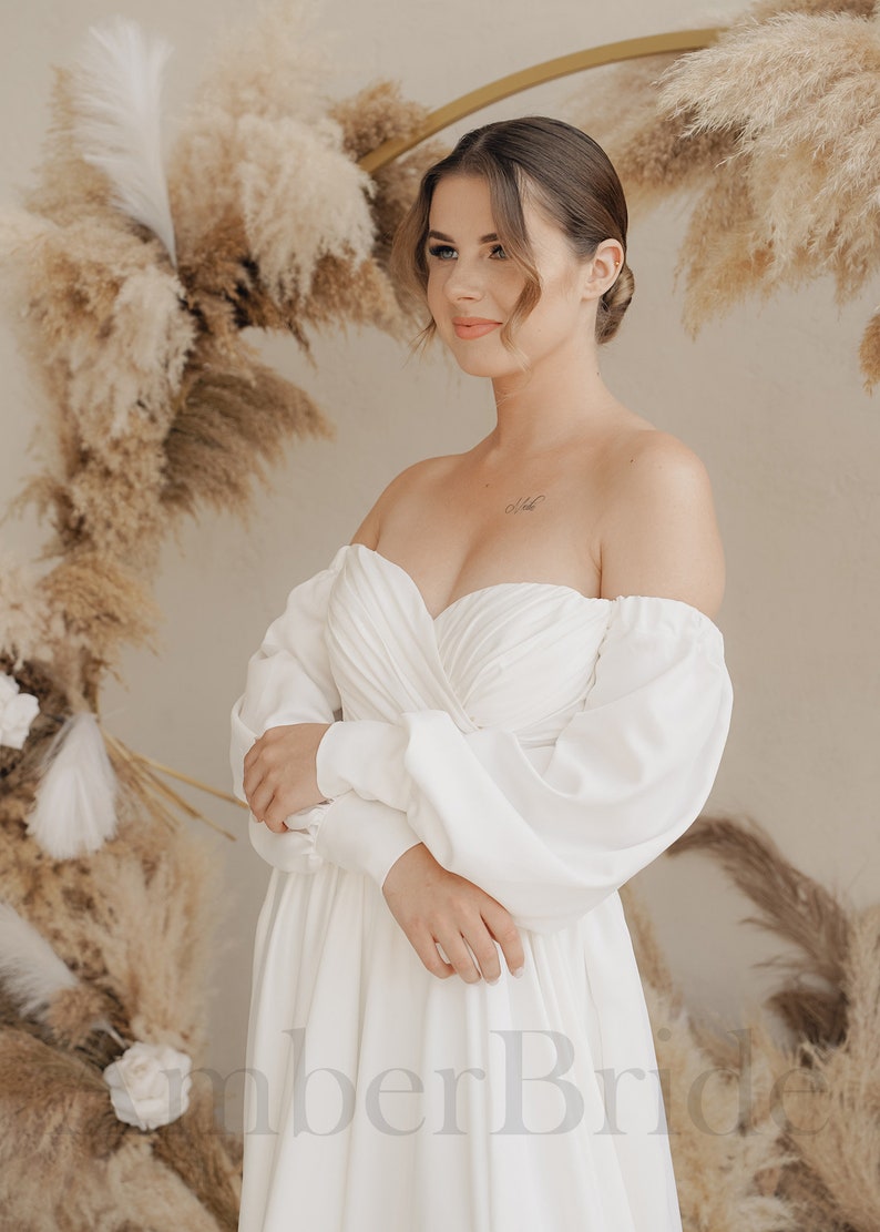 A Line Satin Wedding Dress Long Sleeve Wedding Dress Elegant Wedding Dress Couture Wedding Dress Puffy Sleeve Wedding Dress image 4