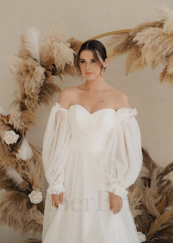 Pleats Off The Shoulder White Long Sleeve Chiffon Wedding Dress Pleats Off The Shoulder White Long Sleeve Chiffon Wedding Dress