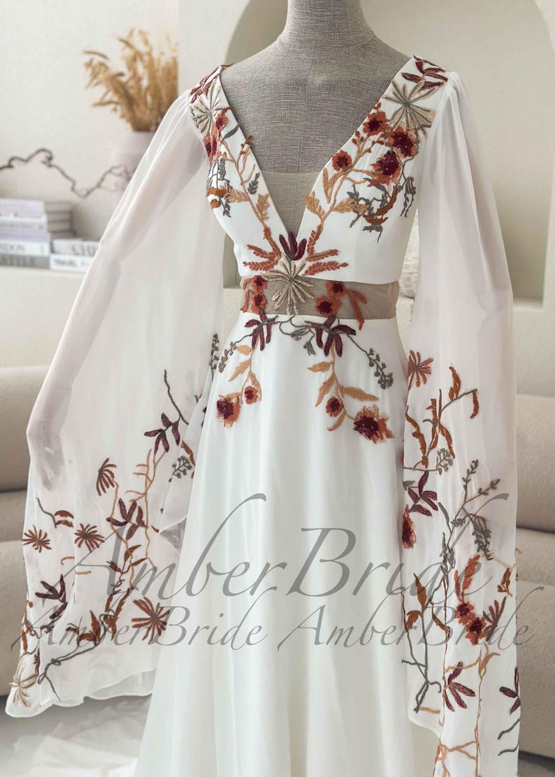 Boho Wedding Dress with Dramatic Butterfly Sleeves, 70s Inspired Floral Bridal Gown, Sheer Waist A-Line Dress, Unique Colorful Embroidery image 10