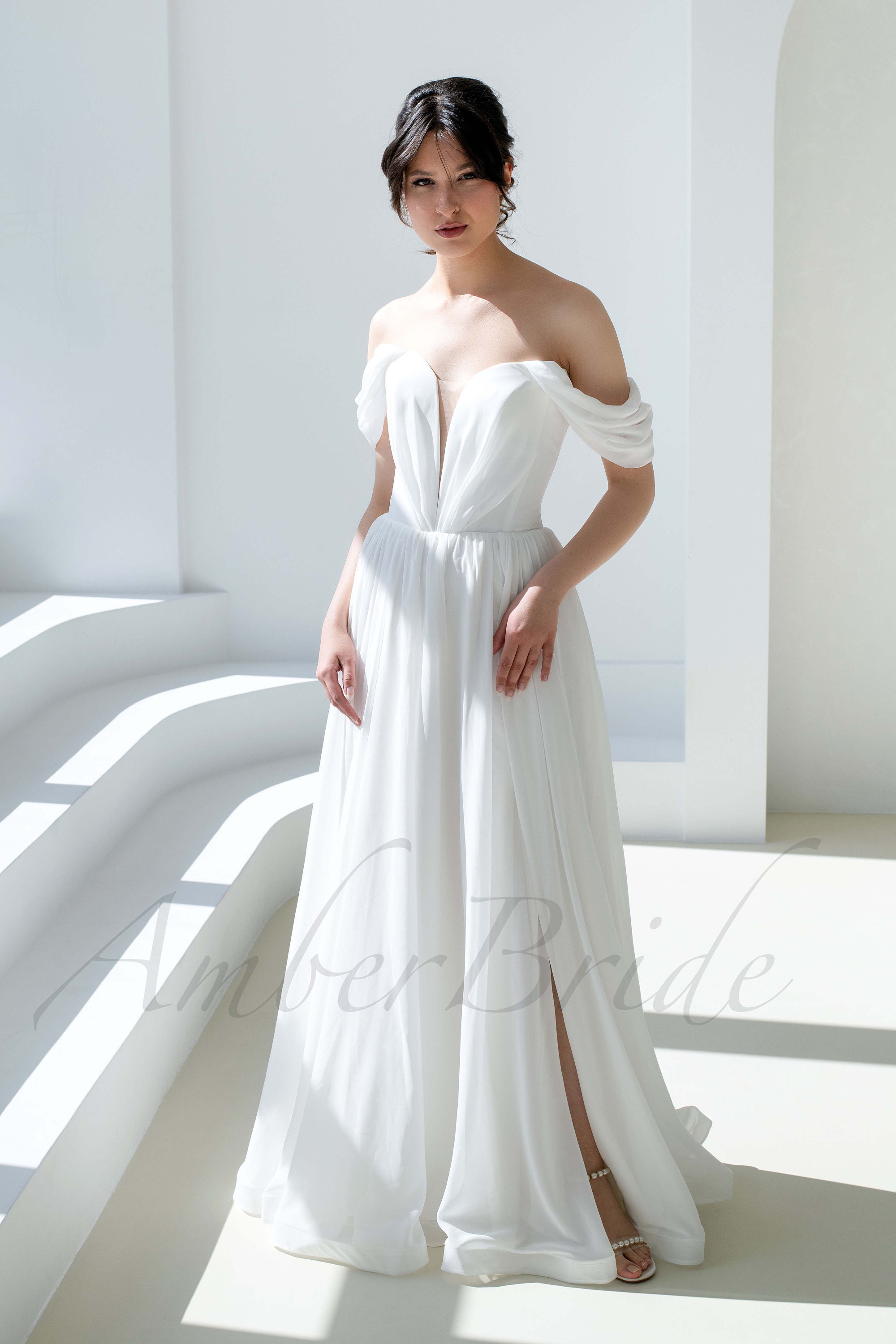 Flowy Wedding Dress, Minimalist Wedding Dress, Off The Shoulder Wedding Dress, Romantic Wedding Dress, Simple Wedding Dress