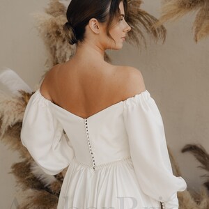 A Line Satin Wedding Dress Long Sleeve Wedding Dress Elegant Wedding Dress Couture Wedding Dress Puffy Sleeve Wedding Dress image 3