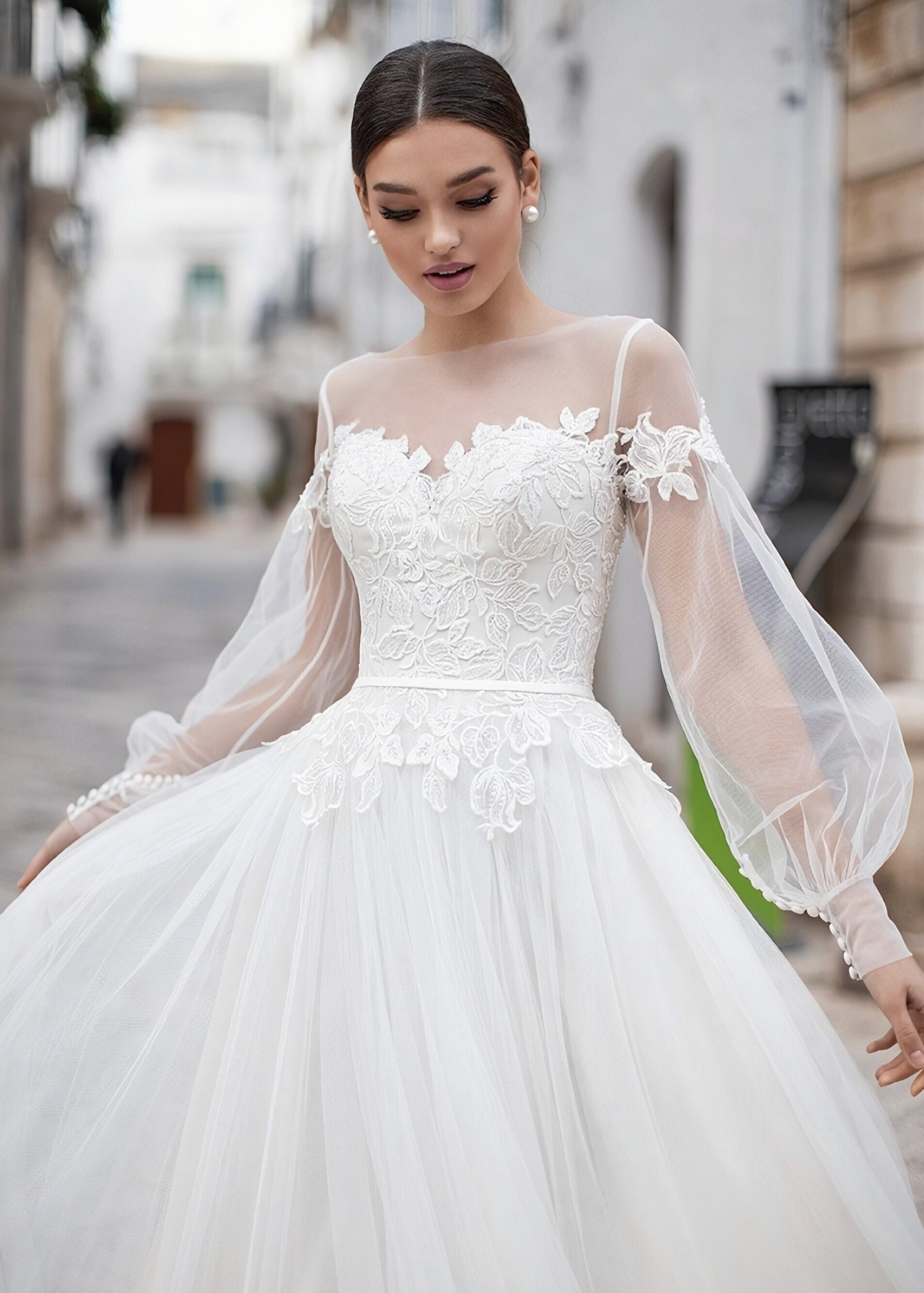 puffy wedding dress with lace sleeves