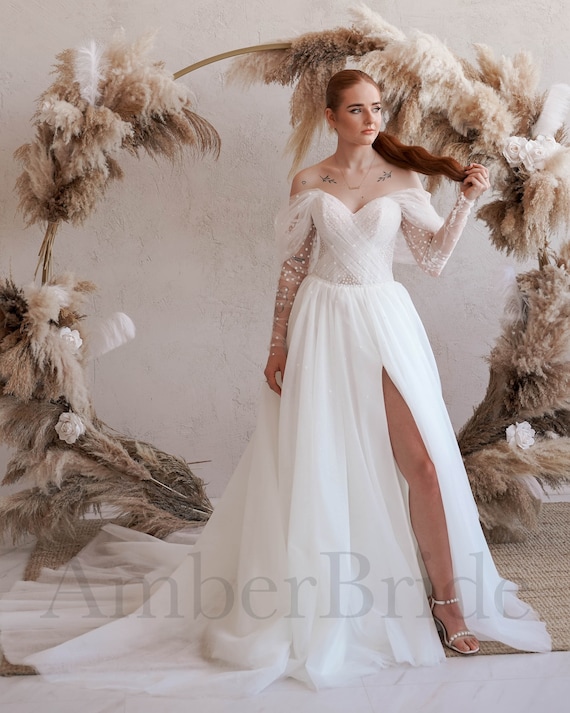 Tulle Long Sleeve Off The Shoulder Wedding Dress With Slit Tulle Long Sleeve Off The Shoulder Wedding Dress With Slit