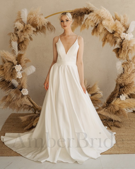 Satin Backless A Line High Neck Wedding Dress Satin Backless A Line High Neck Wedding Dress