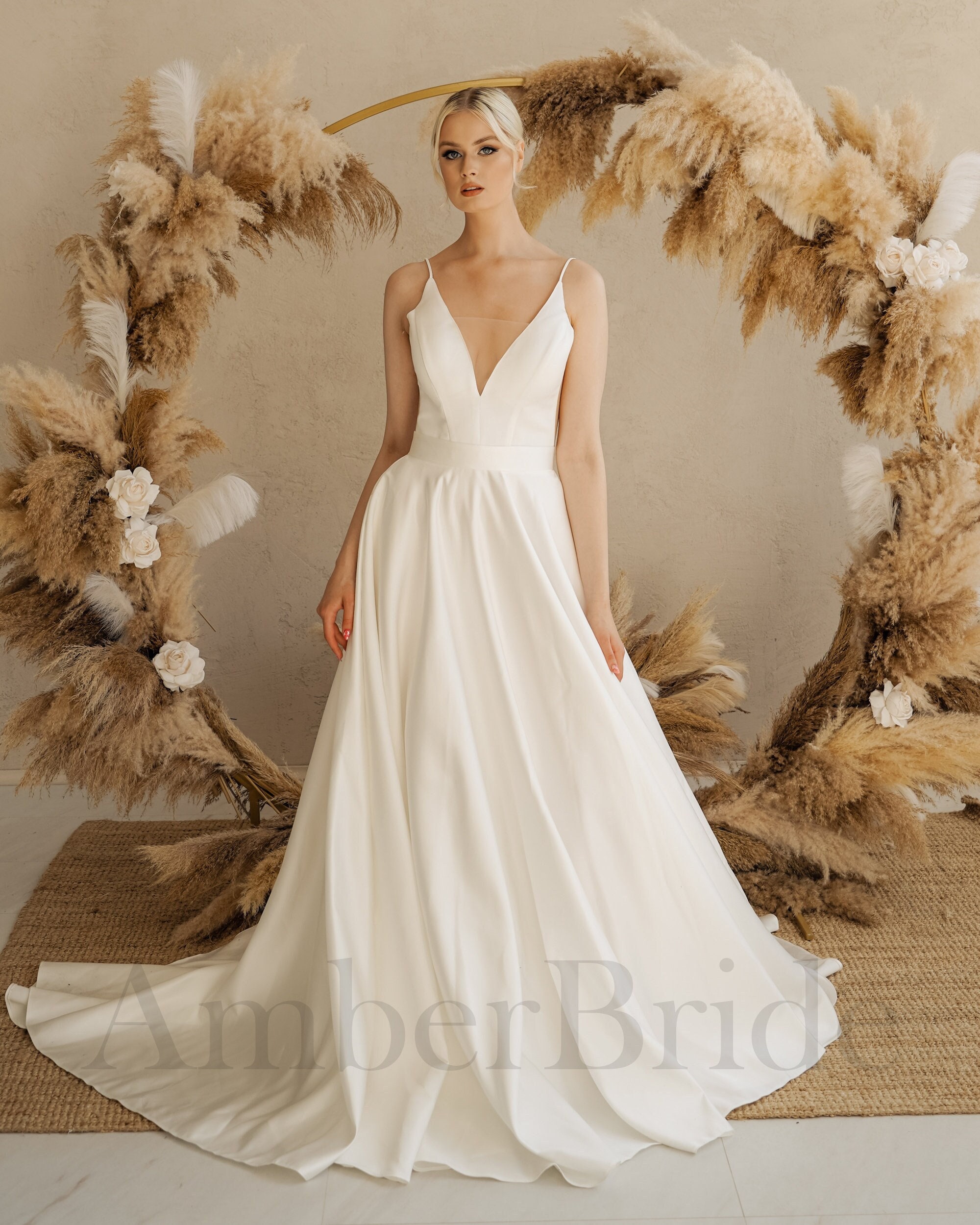 Satin Belt Backless A Line V Neck Wedding Dress Satin Belt Backless A Line V Neck Wedding Dress