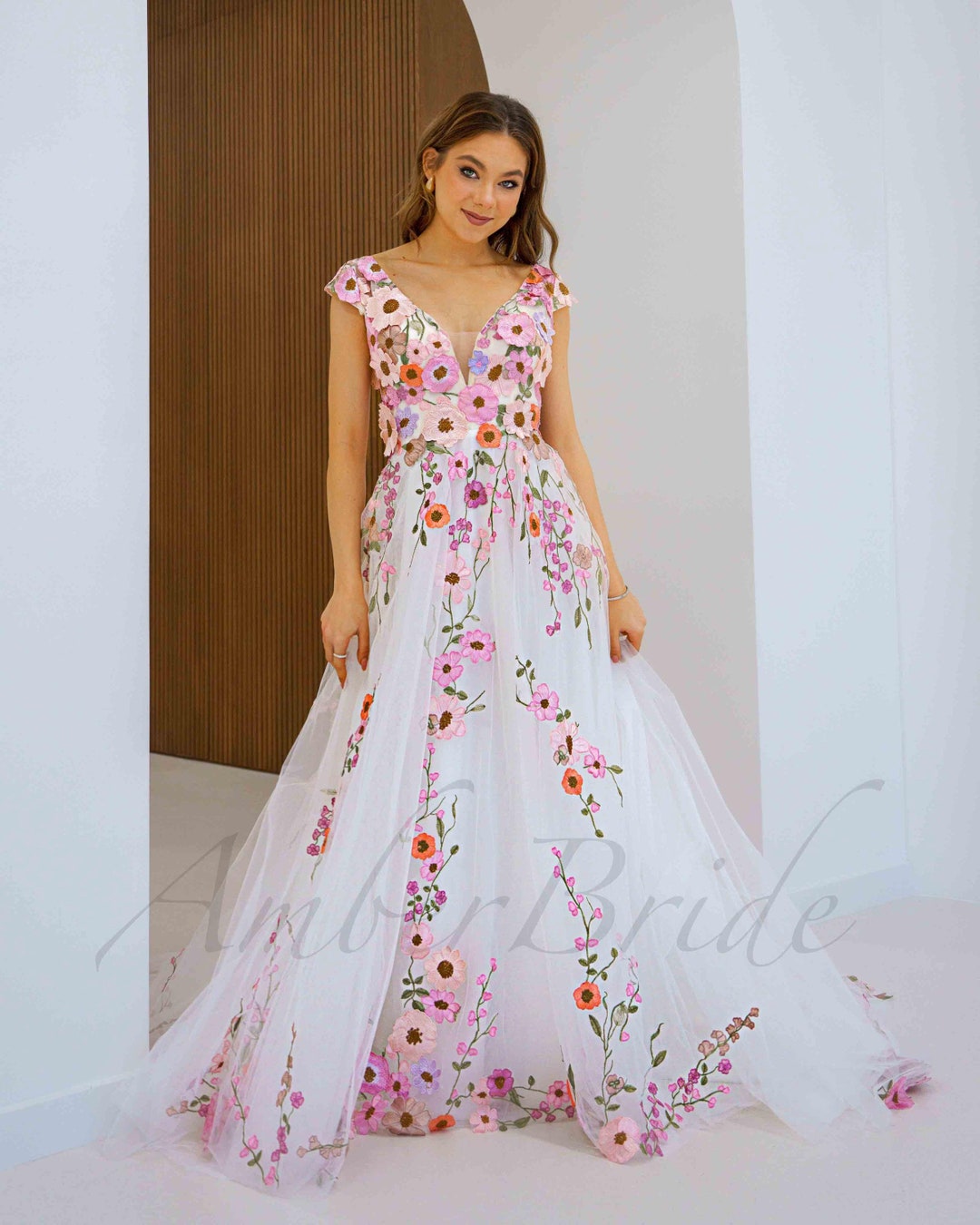 Pink Floral Wedding Dress Colorful Flower Bridal Dress Fantasy ...
