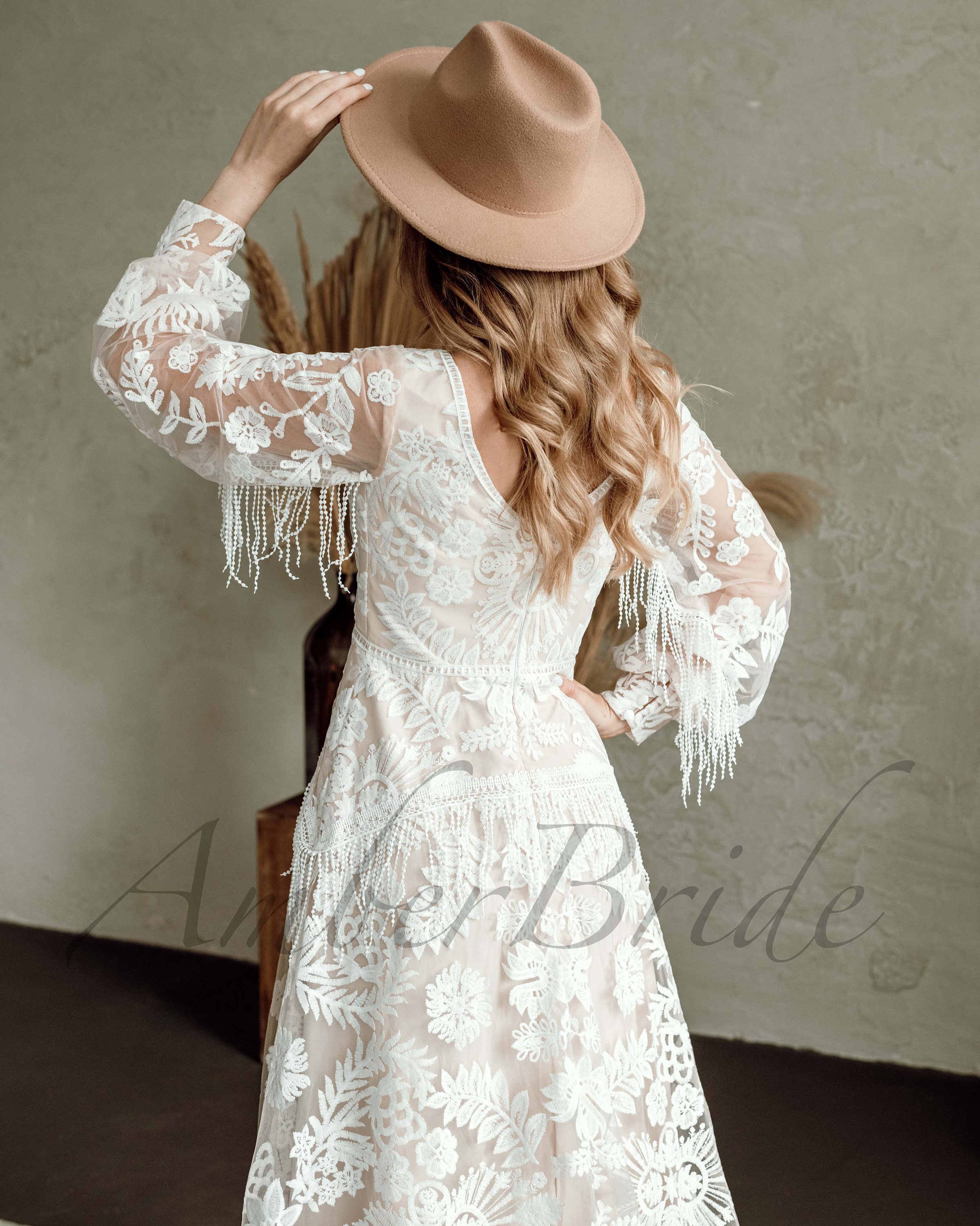 Boho Fringe Wedding Dress Western Bridal Gown Rustic Lace Wedding Dress Tassel Long Sleeve Gown Festival Hippie Bride Unique Bohemian Dress