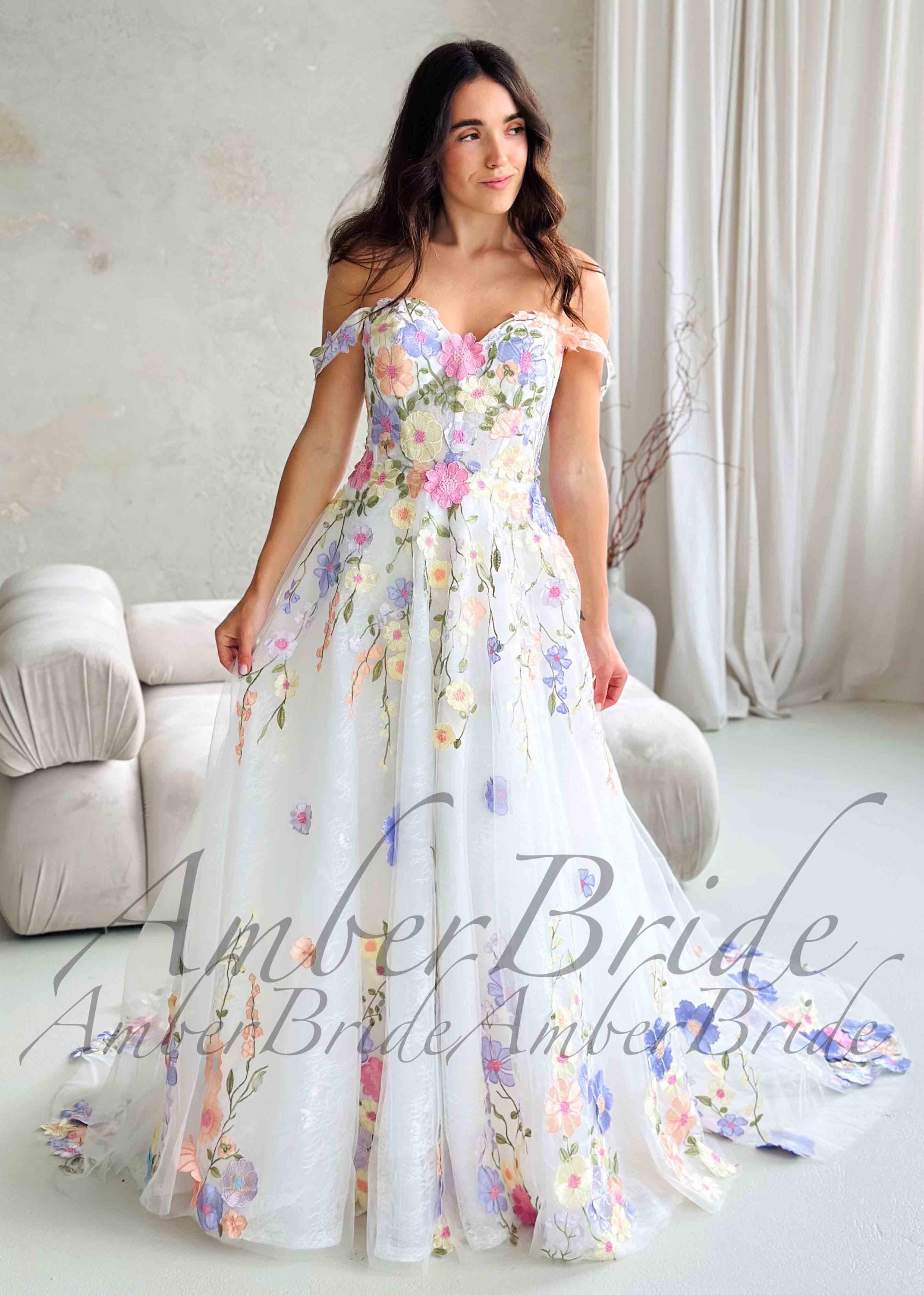 Pastel Floral Wedding Dress, Fairy Bishop Sleeve Bridal Gown, Colorful Wildflower Tulle Dress, Whimsical Garden A-Line Gown, Meadow Wedding