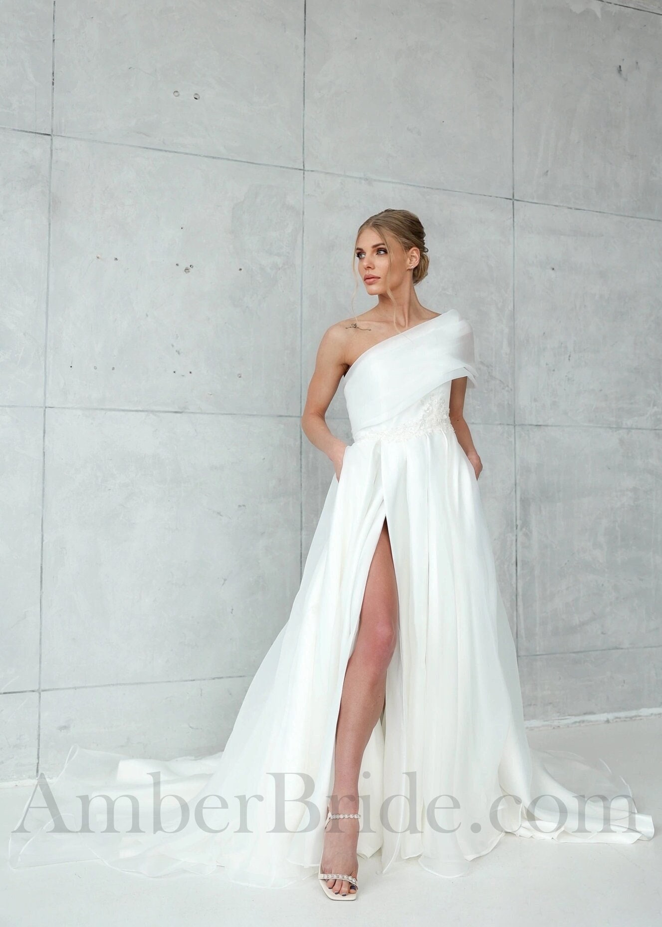 One Shoulder Wedding Dress, Nontraditional Wedding Dress, Elegant Wedding Dress, Fairytale Wedding Dress, Long Train Wedding Dress