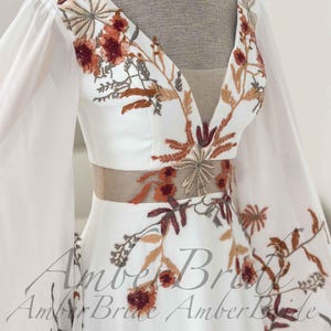 Boho Wedding Dress with Dramatic Butterfly Sleeves, 70s Inspired Floral Bridal Gown, Sheer Waist A-Line Dress, Unique Colorful Embroidery image 11