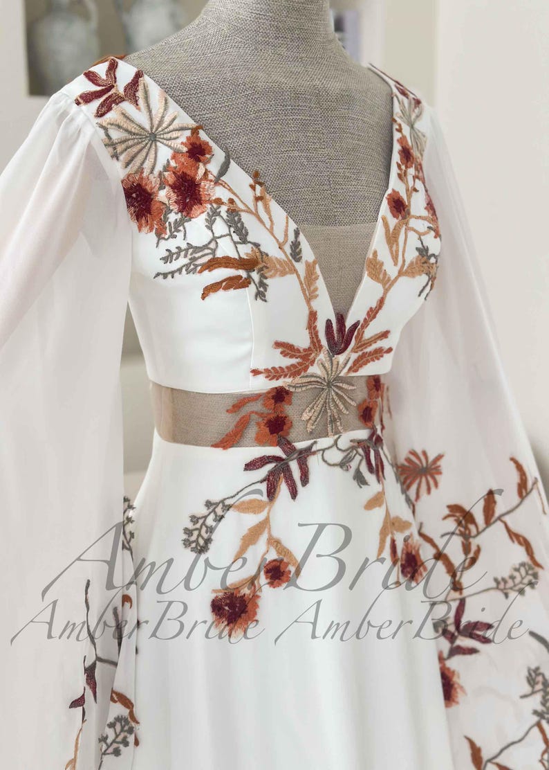 Boho Wedding Dress with Dramatic Butterfly Sleeves, 70s Inspired Floral Bridal Gown, Sheer Waist A-Line Dress, Unique Colorful Embroidery image 11