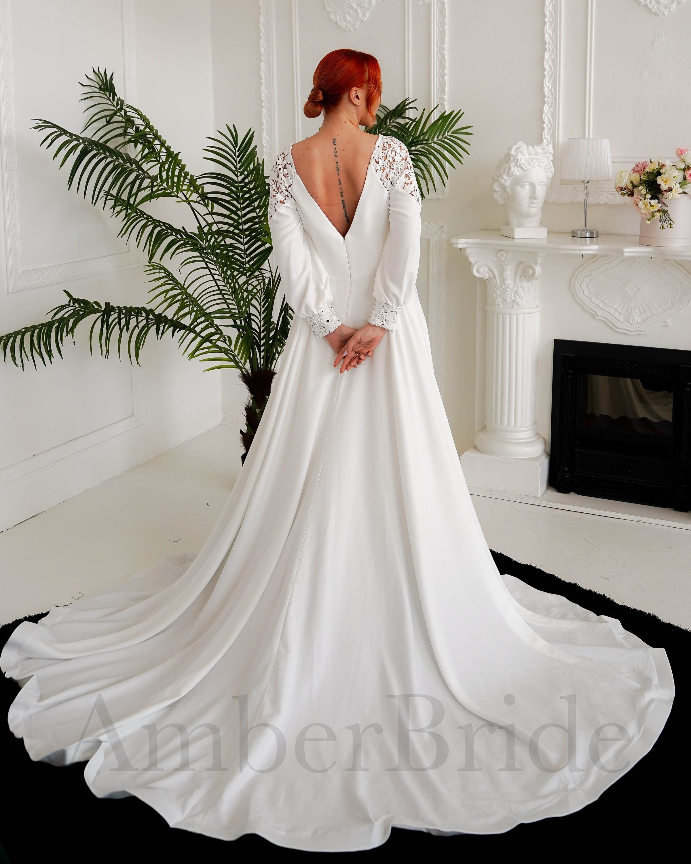 Simple Satin Wedding Dress A Line Bishop Sleeve Wedding