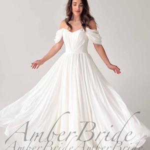 Simple Flowy Wedding Dress A Line Off Shoulder Dress Wedding Modest Minimalist Bridal Dress Ethereal Conservative Wedding Gown Corset