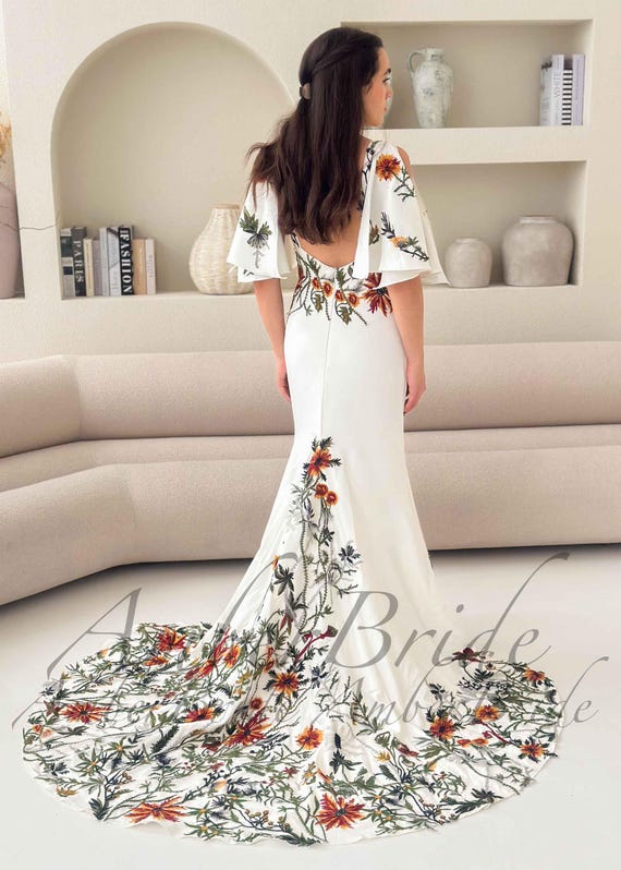 botanical embroidered dress Ivory Botanical Embroidered Tulle Wedding Dress Custom Color / Above Knee / US14