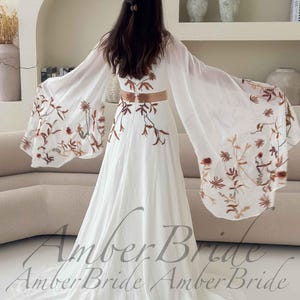 Boho Wedding Dress with Dramatic Butterfly Sleeves, 70s Inspired Floral Bridal Gown, Sheer Waist A-Line Dress, Unique Colorful Embroidery image 6