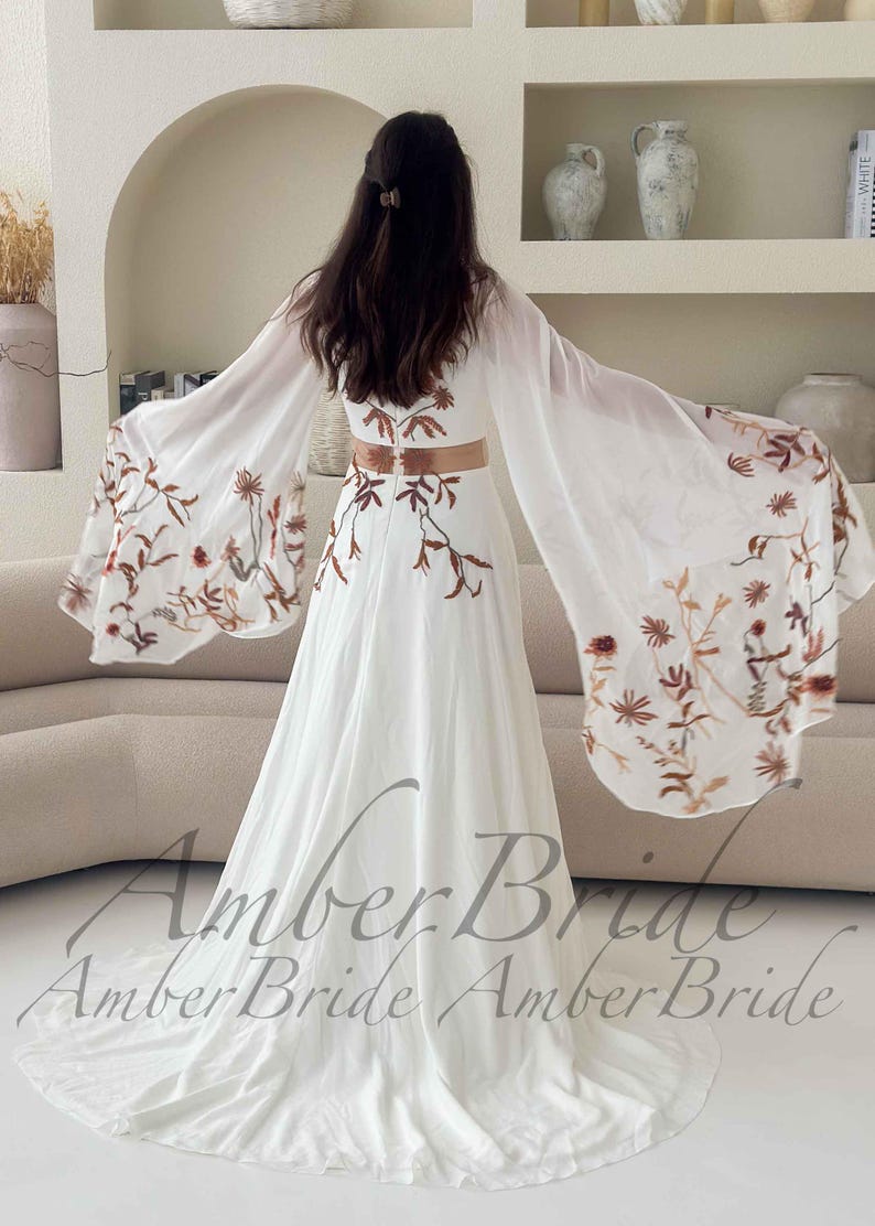 Boho Wedding Dress with Dramatic Butterfly Sleeves, 70s Inspired Floral Bridal Gown, Sheer Waist A-Line Dress, Unique Colorful Embroidery image 6