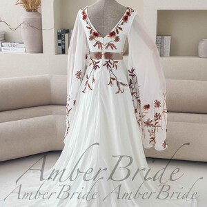 Boho Wedding Dress with Dramatic Butterfly Sleeves, 70s Inspired Floral Bridal Gown, Sheer Waist A-Line Dress, Unique Colorful Embroidery image 12