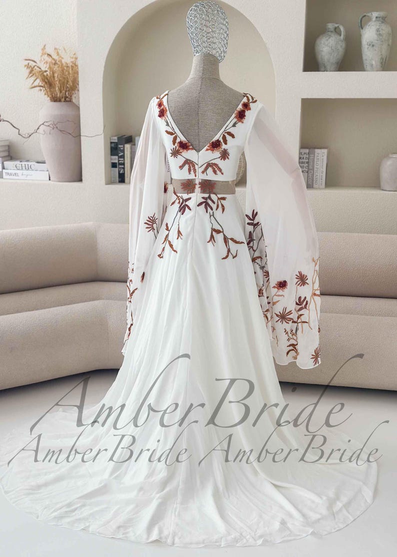 Boho Wedding Dress with Dramatic Butterfly Sleeves, 70s Inspired Floral Bridal Gown, Sheer Waist A-Line Dress, Unique Colorful Embroidery image 12