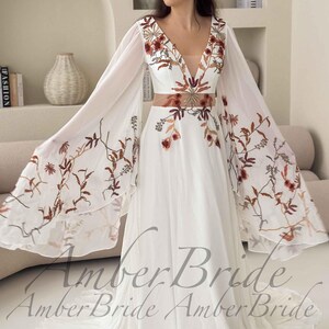 Boho Wedding Dress with Dramatic Butterfly Sleeves, 70s Inspired Floral Bridal Gown, Sheer Waist A-Line Dress, Unique Colorful Embroidery image 2