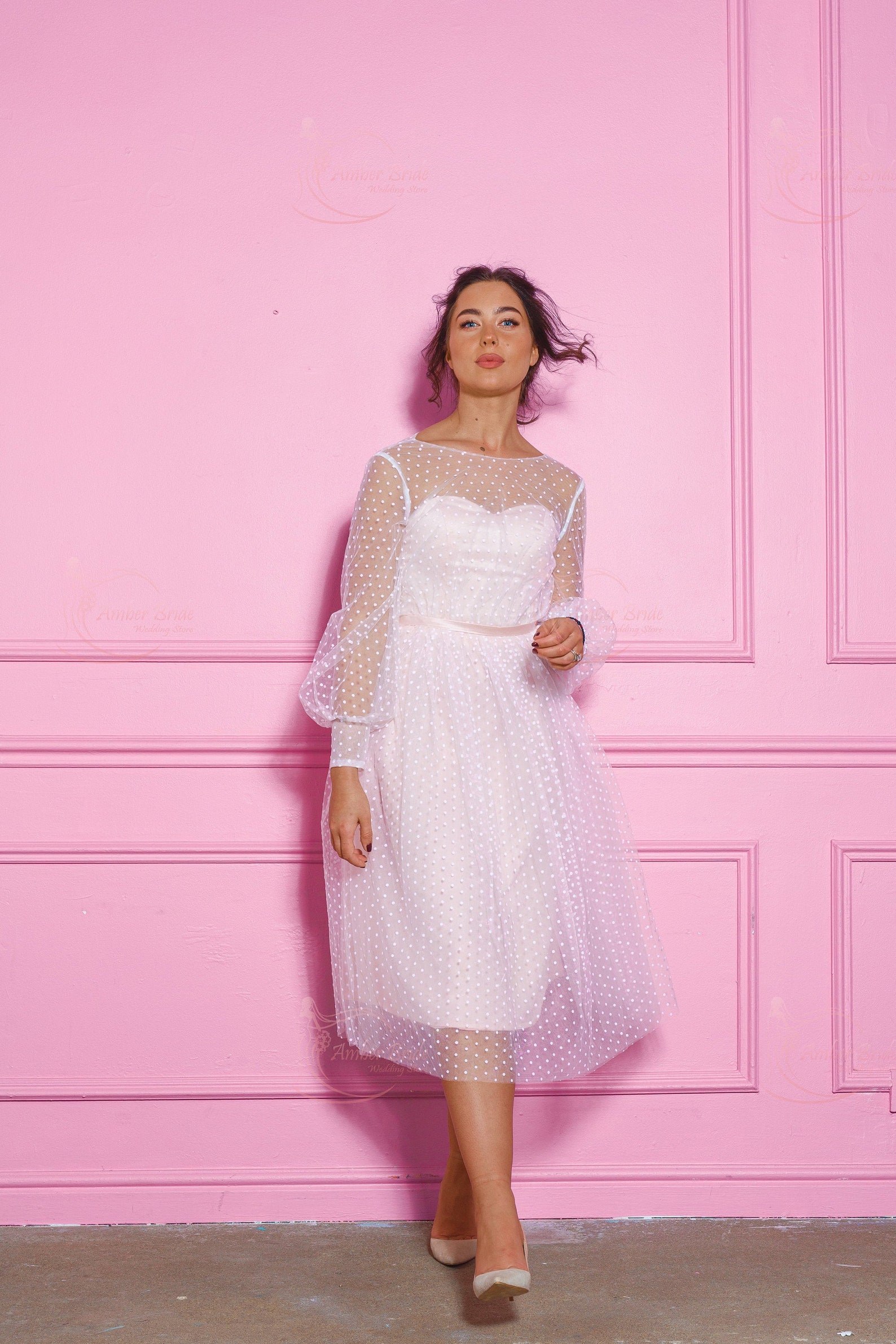Long Sleeve Wedding Dress Short Wedding Dress Pink Wedding - Etsy