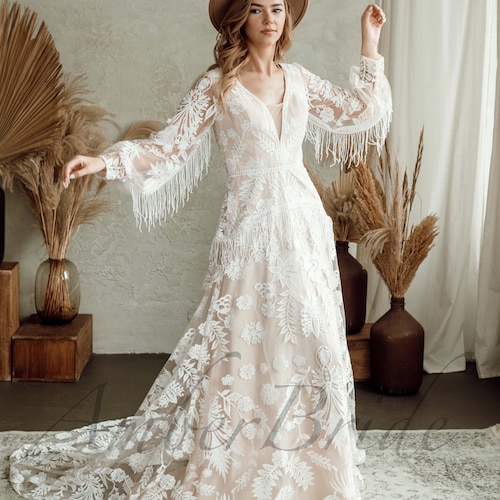 Boho Fringe Wedding Dress Western Bridal Gown Rustic Lace Wedding Dress Tassel Long Sleeve Gown Festival Hippie Bride Unique Bohemian Dress Boho Fringe Wedding Dress Western Bridal Gown Rustic Lace Wedding Dress Tassel Long Sleeve Gown Festival Hippie Bride Unique Bohemian Dress