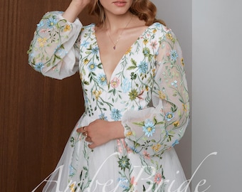 Blue Wildflower Embroidered Wedding Dress with Balloon Sleeves and Long Train