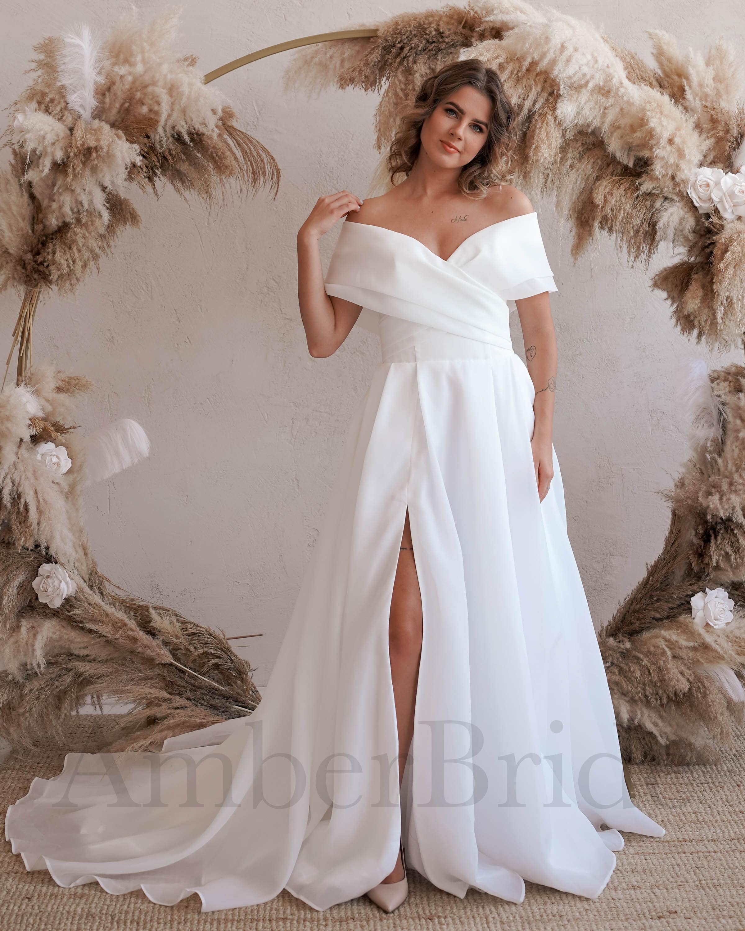 off the shoulder v neck wedding dress Simple Satin A Line Off-the-Shoulder Wedding Dresses PW323