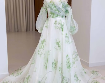 Green Floral Wedding Dress Long Sleeve Forest Bridal Dress Fantasy A Line Dress Wedding Colorful Hippie Wedding Gown Rustic Wedding Dress